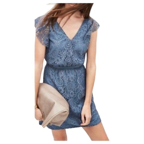 Madewell Blue Lace Overlay V-Neck Flutter Sleeve A-Line Mini Dress Size 4 - Picture 1 of 8